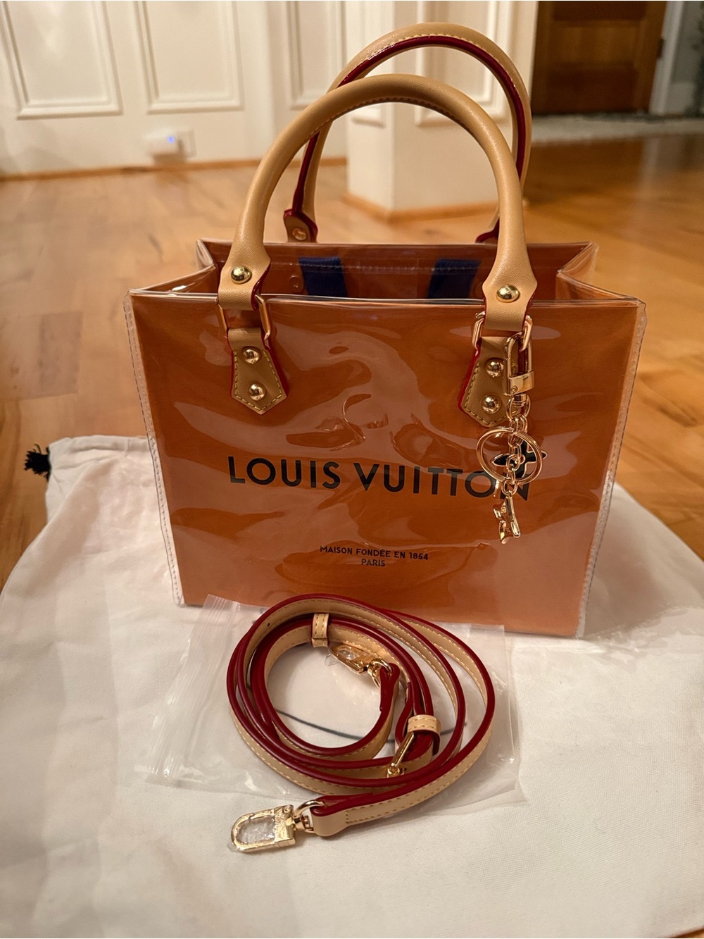 Louis Vuitton Brown Logo Tote w/PVC wrap, Detachable Strap, Charm, & Dust Bag